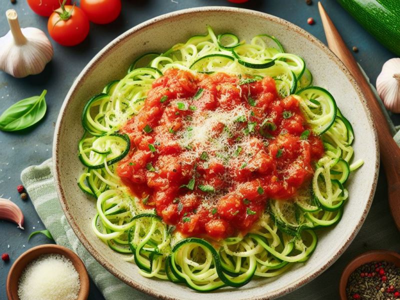 Espaguetis De Calabacín Con Tomate Fresco y pan tostado